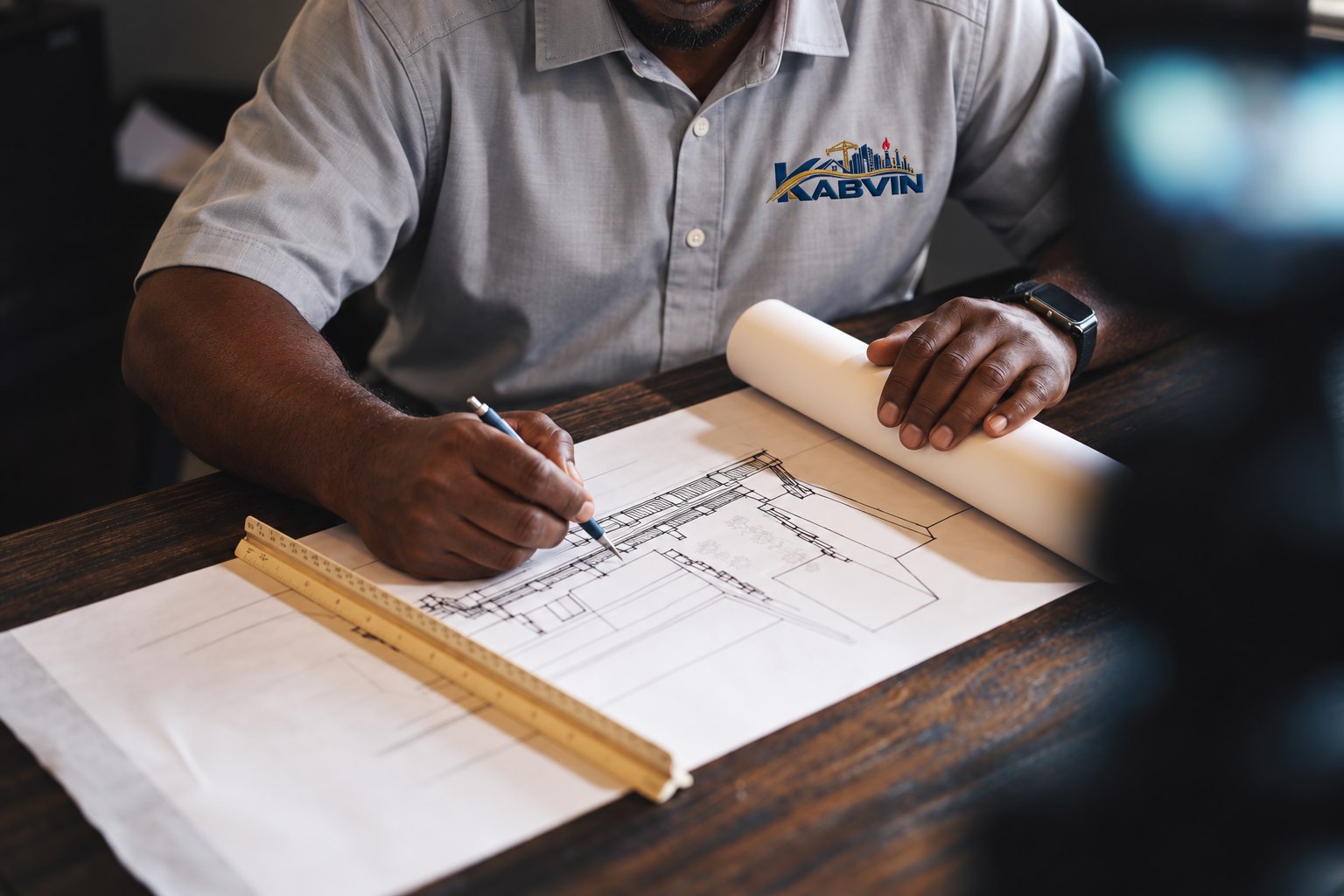 Black engineer in a Kabvin branded shirt drawing building plans